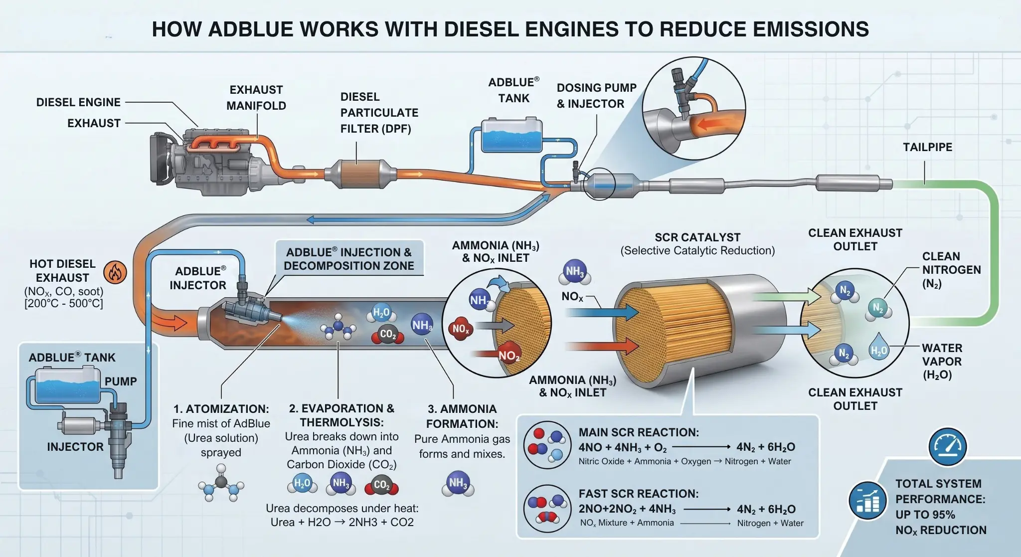 An infographic tracing the conversion of harmful nitrogen oxides into clean nitrogen and water within a diesel vehicle's SCR catalyst using AdBlue, with detailed inset views of decomposition and reaction stages.