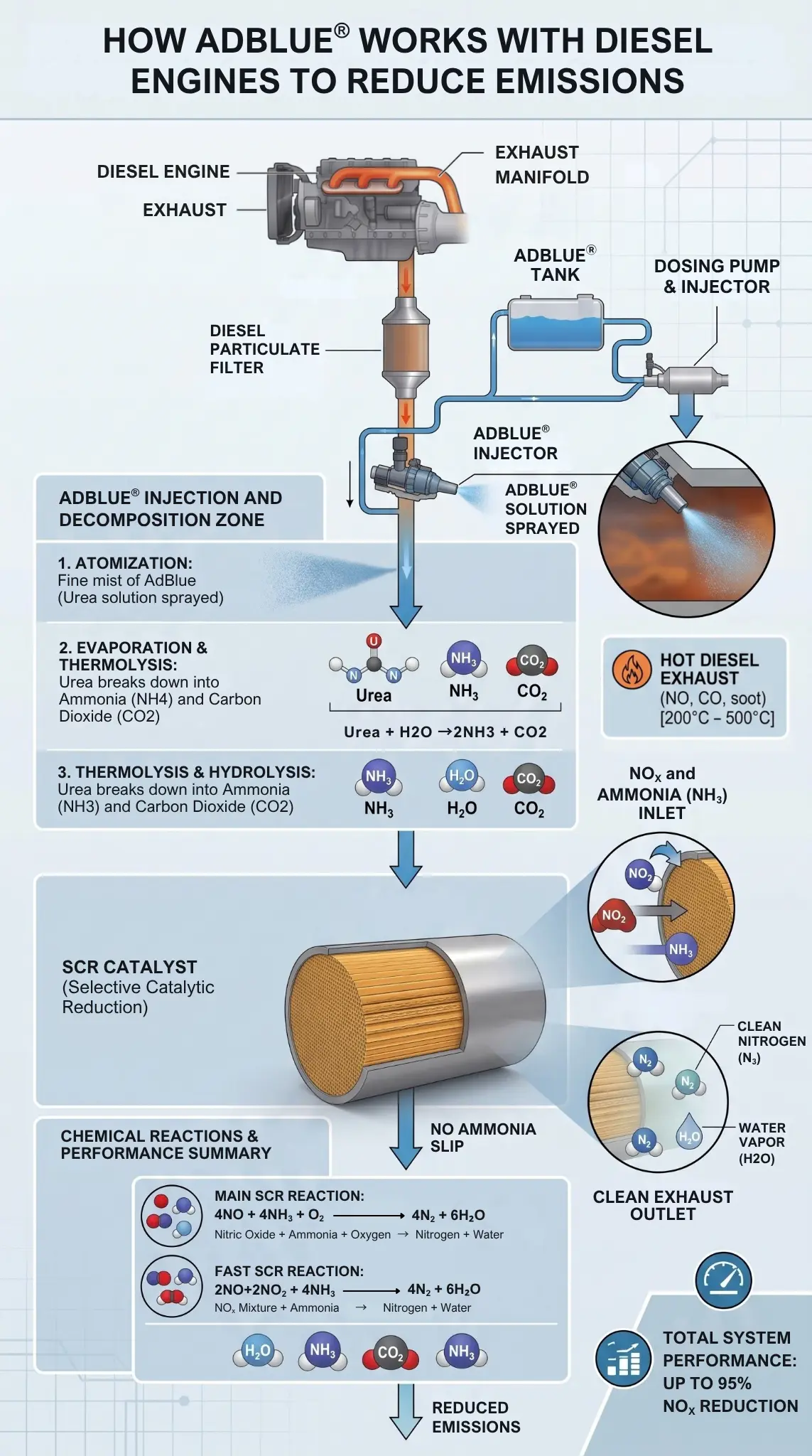 An infographic tracing the conversion of harmful nitrogen oxides into clean nitrogen and water within a diesel vehicle's SCR catalyst using AdBlue, with detailed inset views of decomposition and reaction stages.